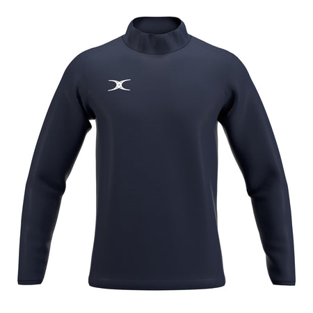 The Gilbert Atom Warm Up Jacket by Gilbert is a navy blue, long-sleeve training outerwear with a high collar and white logo on the left chest, made from recycled polyester. Displayed on a white background.