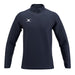 The Gilbert Atom Warm Up Jacket by Gilbert is a navy blue, long-sleeve training outerwear with a high collar and white logo on the left chest, made from recycled polyester. Displayed on a white background.