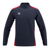 The Gilbert Atom Warm Up Jacket by Gilbert is a navy blue long-sleeve jacket with red accents on the shoulders and sides, a white logo on the left chest, high collar, no visible zippers or buttons—perfect stylish training outerwear.