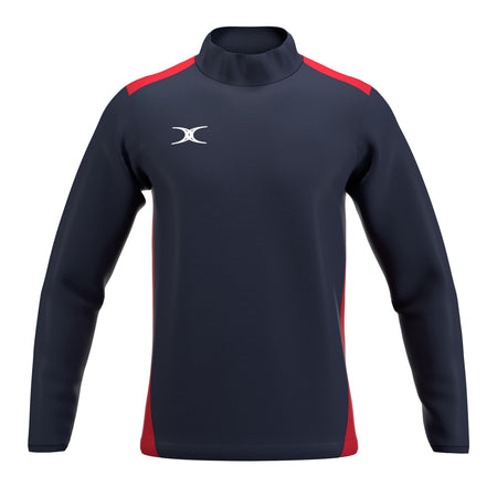 The Gilbert Atom Warm Up Jacket by Gilbert is a navy blue long-sleeve jacket with red accents on the shoulders and sides, a white logo on the left chest, high collar, no visible zippers or buttons—perfect stylish training outerwear.