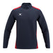 The Gilbert Atom Warm Up Jacket by Gilbert is a navy blue long-sleeve jacket with red accents on the shoulders and sides, a white logo on the left chest, high collar, no visible zippers or buttons—perfect stylish training outerwear.
