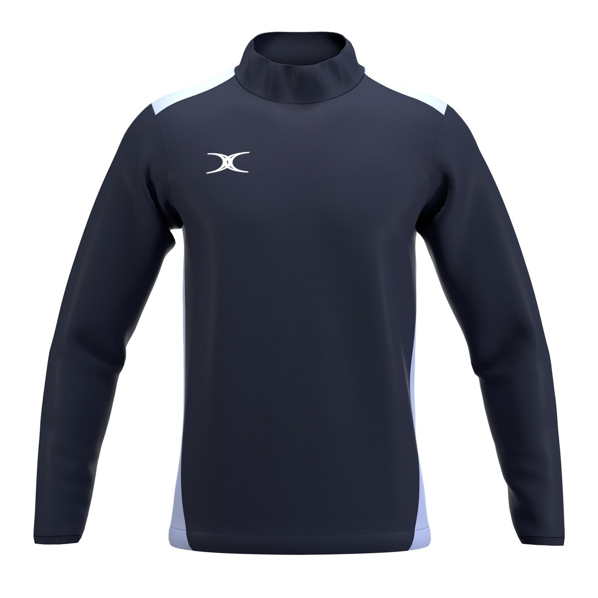 The Gilbert Atom Warm Up Jacket by Gilbert is a long-sleeve navy pullover made from recycled polyester, with a high collar, light blue side panels, and a white left-chest logo. Shown as versatile training outerwear on a plain white background.