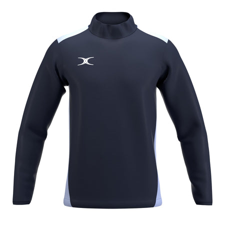 The Gilbert Atom Warm Up Jacket by Gilbert is a long-sleeve navy pullover made from recycled polyester, with a high collar, light blue side panels, and a white left-chest logo. Shown as versatile training outerwear on a plain white background.