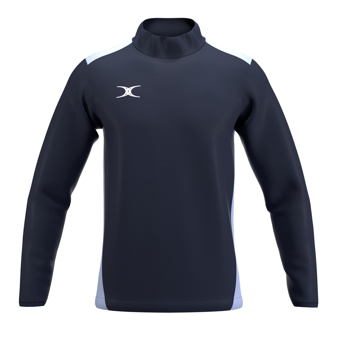 The Gilbert Atom Warm Up Jacket by Gilbert is a long-sleeve navy pullover made from recycled polyester, with a high collar, light blue side panels, and a white left-chest logo. Shown as versatile training outerwear on a plain white background.