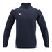 The Gilbert Atom Warm Up Jacket by Gilbert is a long-sleeve navy pullover made from recycled polyester, with a high collar, light blue side panels, and a white left-chest logo. Shown as versatile training outerwear on a plain white background.