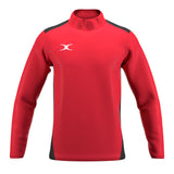 The Gilbert Atom Warm Up Jacket by Gilbert is a red long-sleeve jacket with black side panels, a high collar, and a small white logo on the left chest. It's fitted and made from recycled polyester for comfort and sustainability.