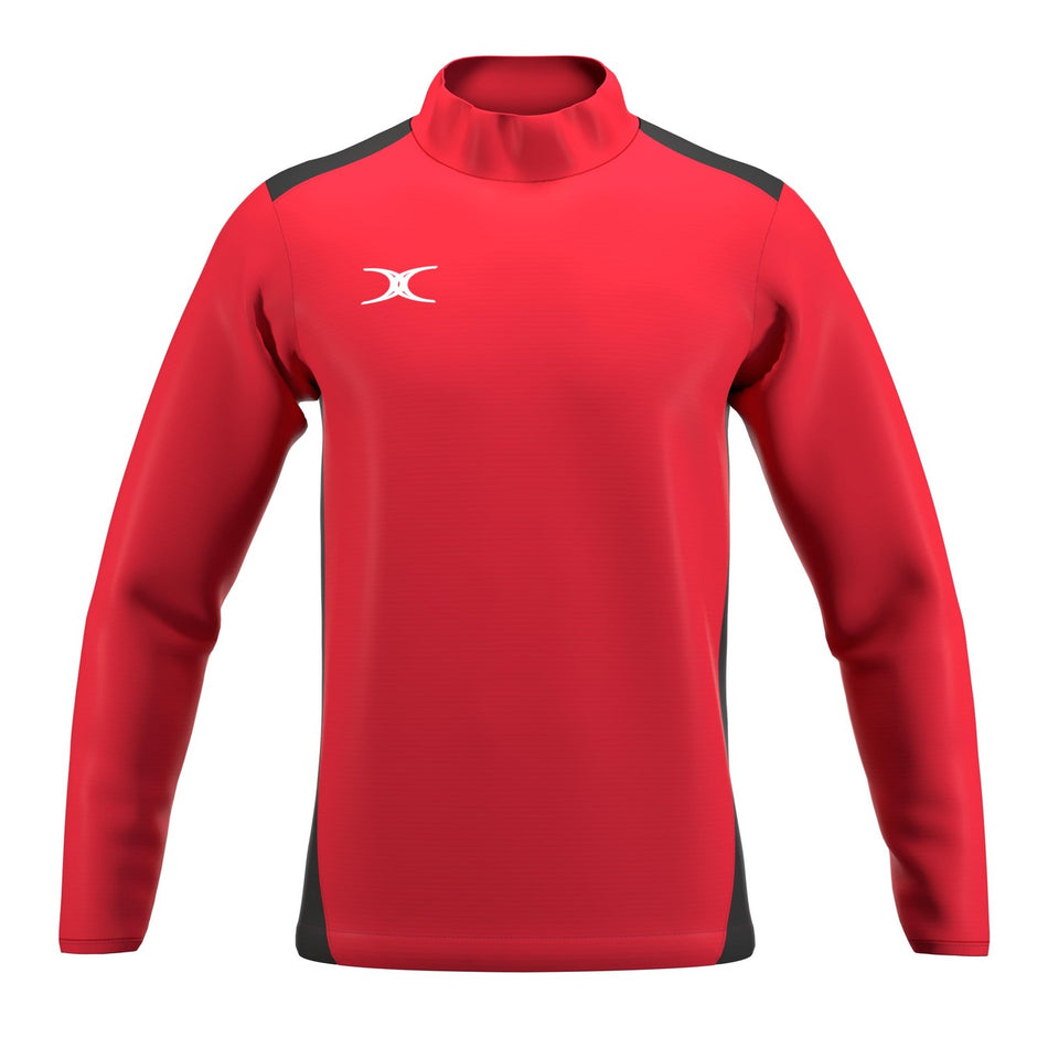 The Gilbert Atom Warm Up Jacket by Gilbert is a red long-sleeve jacket with black side panels, a high collar, and a small white logo on the left chest. It's fitted and made from recycled polyester for comfort and sustainability.
