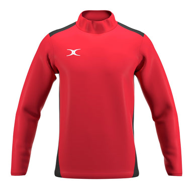 The Gilbert Atom Warm Up Jacket by Gilbert is a red long-sleeve jacket with black side panels, a high collar, and a small white logo on the left chest. It's fitted and made from recycled polyester for comfort and sustainability.