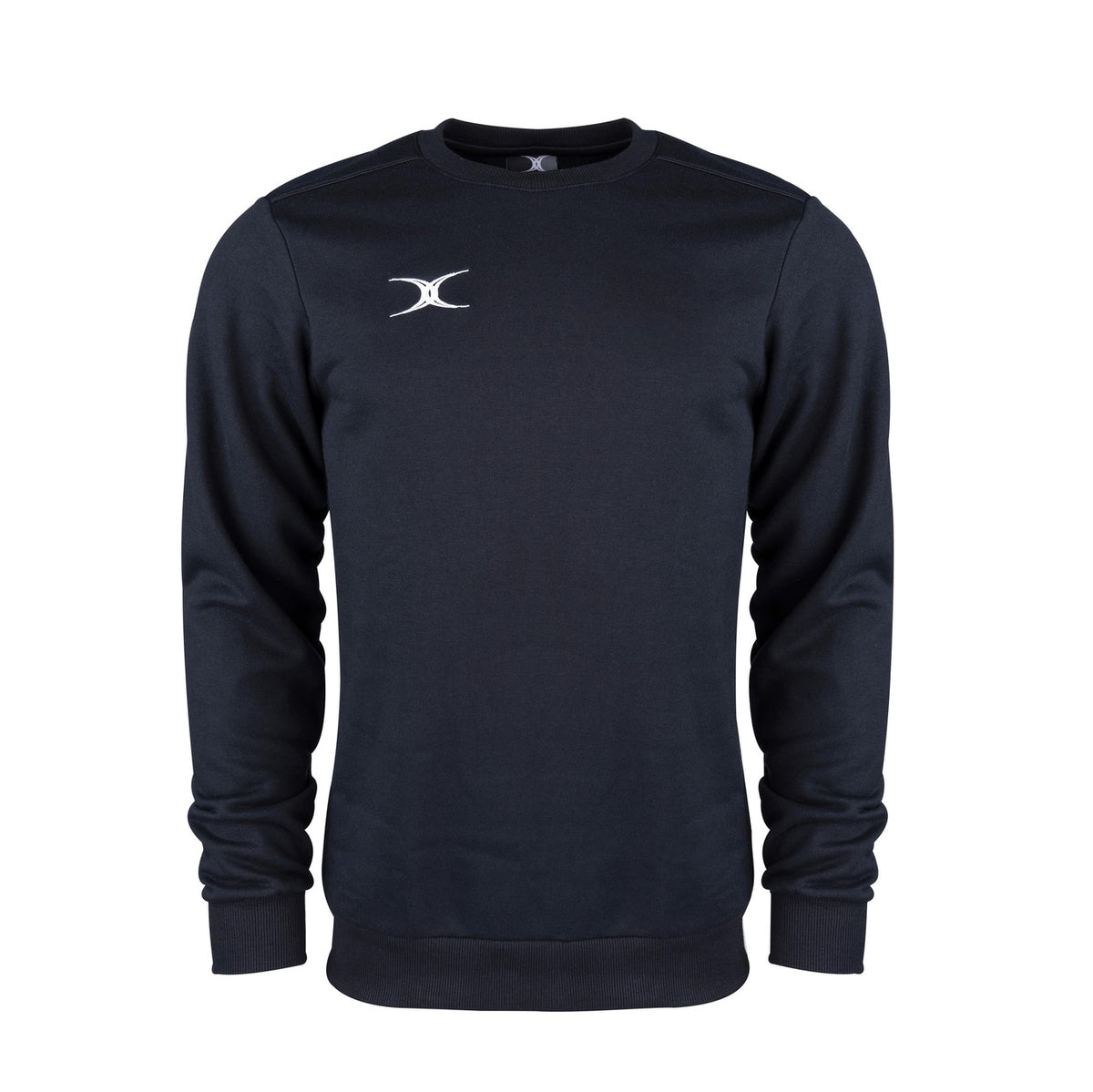 The Gilbert Atom Sweatshirt by Gilbert is a black, long-sleeve crew-neck made from soft cotton fleece with a small white logo on the left chest. Ideal for training apparel, shown against a white background.
