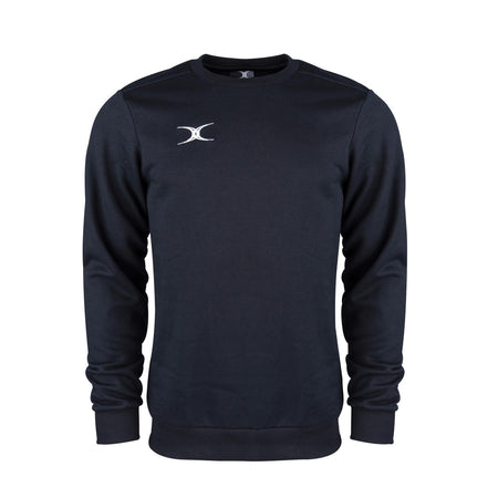 The Gilbert Atom Sweatshirt by Gilbert is a black, long-sleeve crew-neck made from soft cotton fleece with a small white logo on the left chest. Ideal for training apparel, shown against a white background.