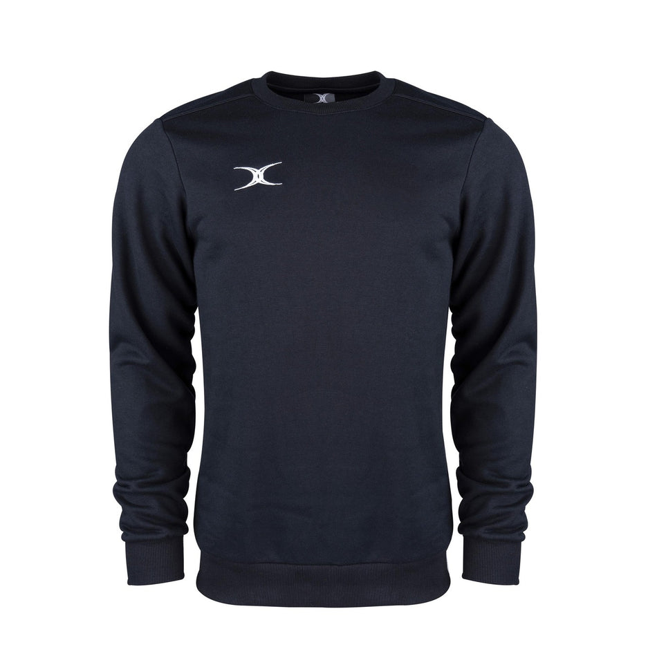 The Gilbert Atom Sweatshirt by Gilbert is a black, long-sleeve crew-neck made from soft cotton fleece with a small white logo on the left chest. Ideal for training apparel, shown against a white background.