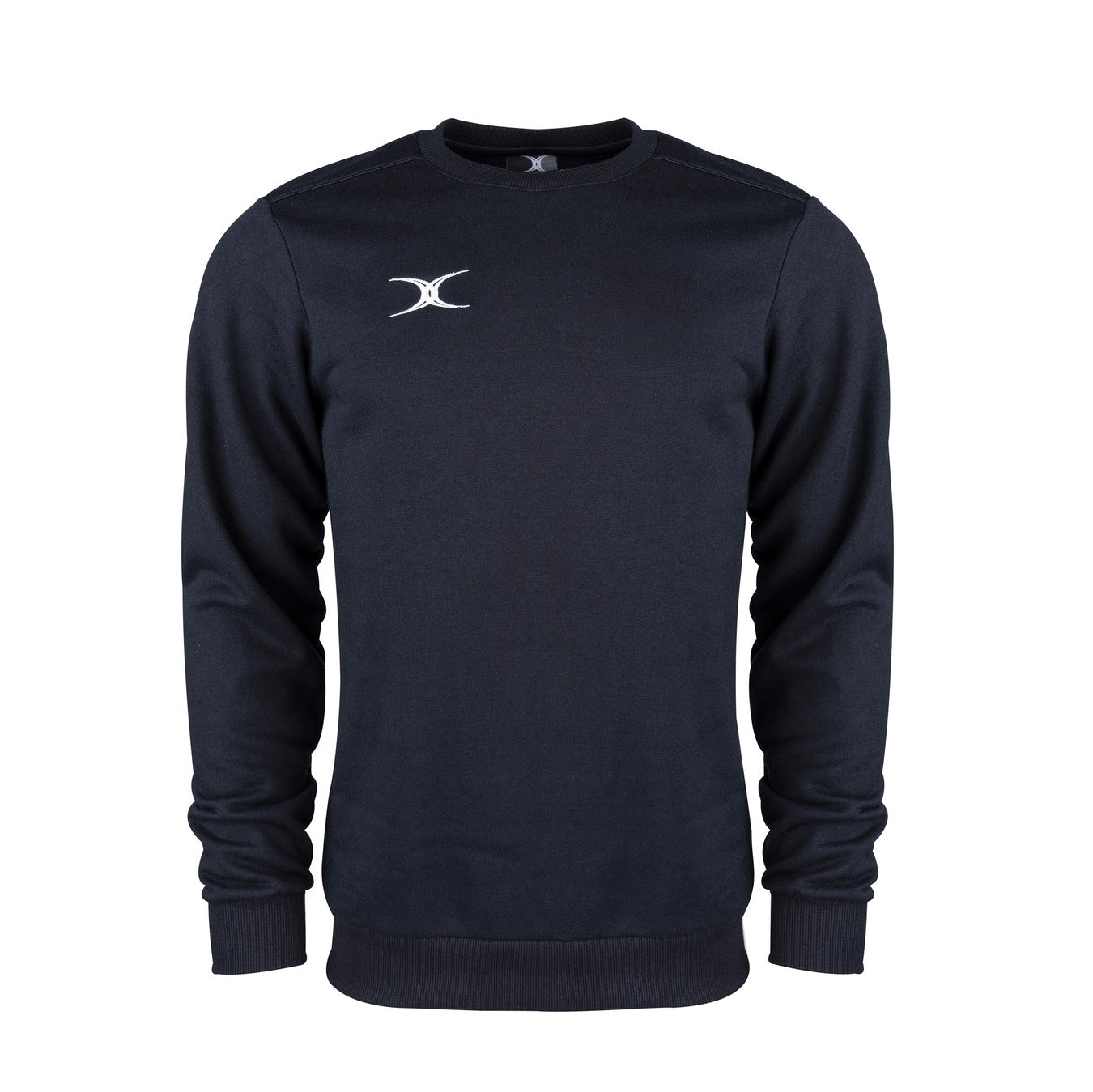 The Gilbert Atom Sweatshirt by Gilbert is a black, long-sleeve crew-neck made from soft cotton fleece with a small white logo on the left chest. Ideal for training apparel, shown against a white background.