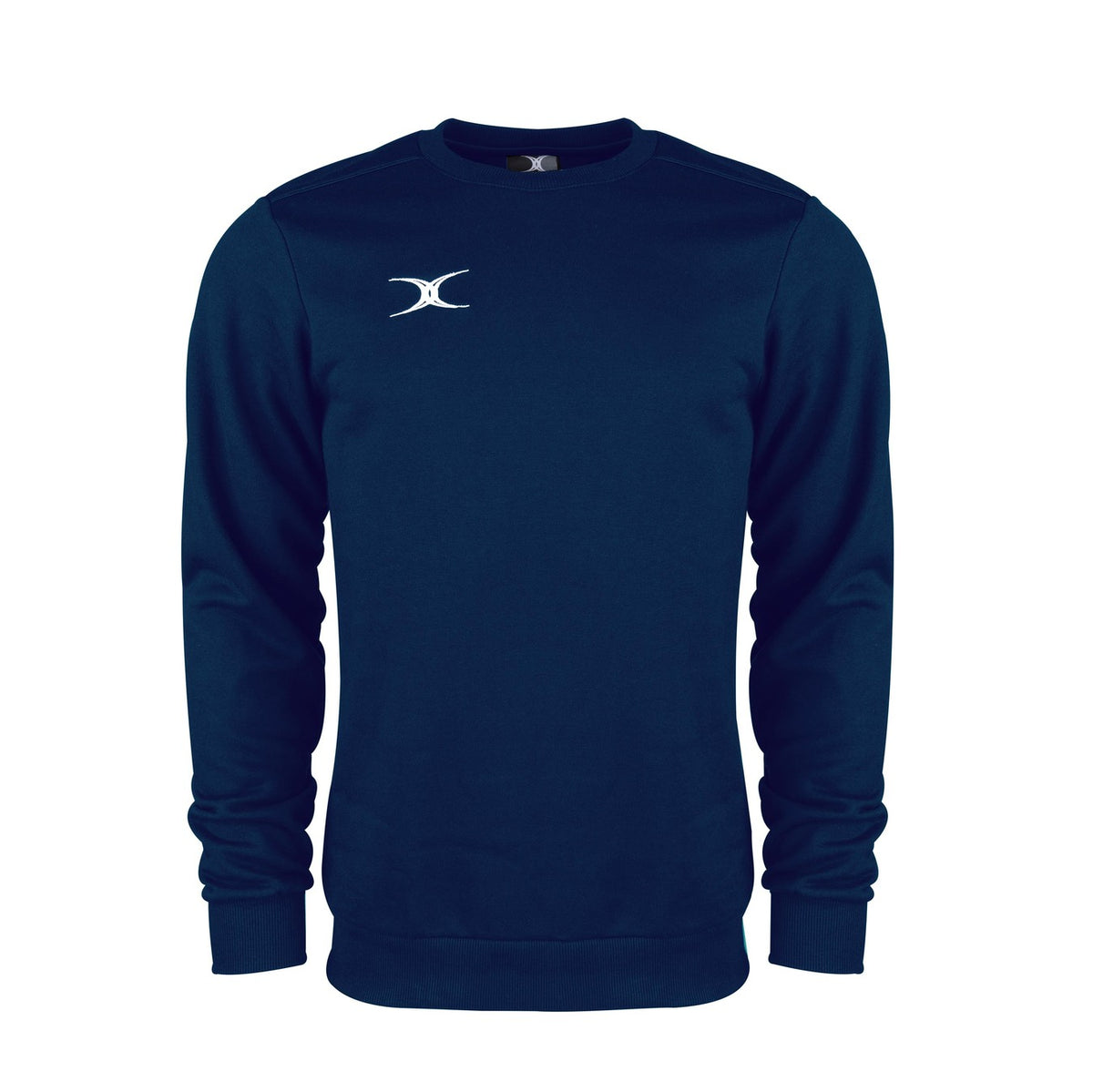The Gilbert Atom Sweatshirt by Gilbert is a navy blue long-sleeve crewneck made from soft cotton fleece, featuring ribbed cuffs, hem, and a small white logo on the left chest. Displayed against a plain white background.