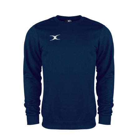 The Gilbert Atom Sweatshirt by Gilbert is a navy blue long-sleeve crewneck made from soft cotton fleece, featuring ribbed cuffs, hem, and a small white logo on the left chest. Displayed against a plain white background.