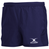 The Gilbert Virtuo Match Short in navy features an elastic waistband, durable stretch ripstop fabric, and a white Gilbert logo on the lower left leg.