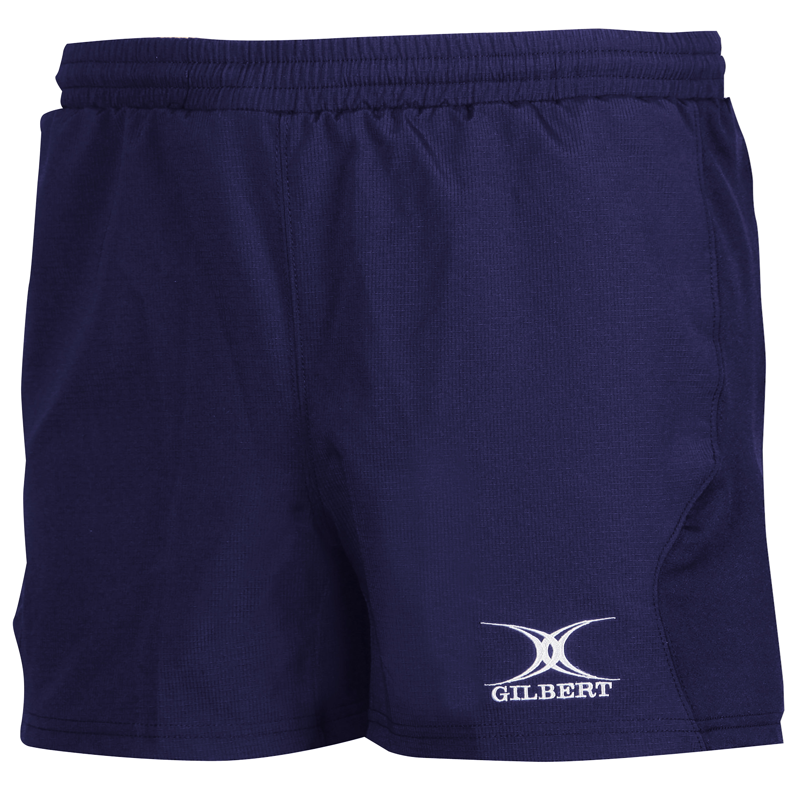 The Gilbert Virtuo Match Short in navy features an elastic waistband, durable stretch ripstop fabric, and a white Gilbert logo on the lower left leg.