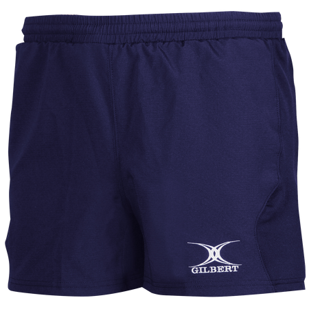 The Gilbert Virtuo Match Short in navy features an elastic waistband, durable stretch ripstop fabric, and a white Gilbert logo on the lower left leg.