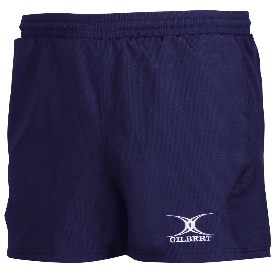 The Gilbert Virtuo Match Short in navy features an elastic waistband, durable stretch ripstop fabric, and a white Gilbert logo on the lower left leg.