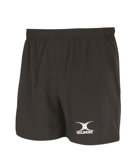 The Gilbert Virtuo Match Short by Gilbert features a black design with an elastic waistband, white Gilbert logo on the lower left leg, and is made of durable stretch ripstop fabric, shown against a white background.