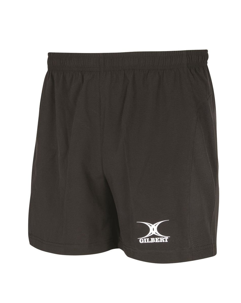 The Gilbert Virtuo Match Short by Gilbert features a black design with an elastic waistband, white Gilbert logo on the lower left leg, and is made of durable stretch ripstop fabric, shown against a white background.