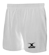 The Gilbert Virtuo Match Short by Gilbert is a white athletic rugby short with an elastic waistband, made from stretch ripstop fabric and featuring the black Gilbert logo on the lower left leg.