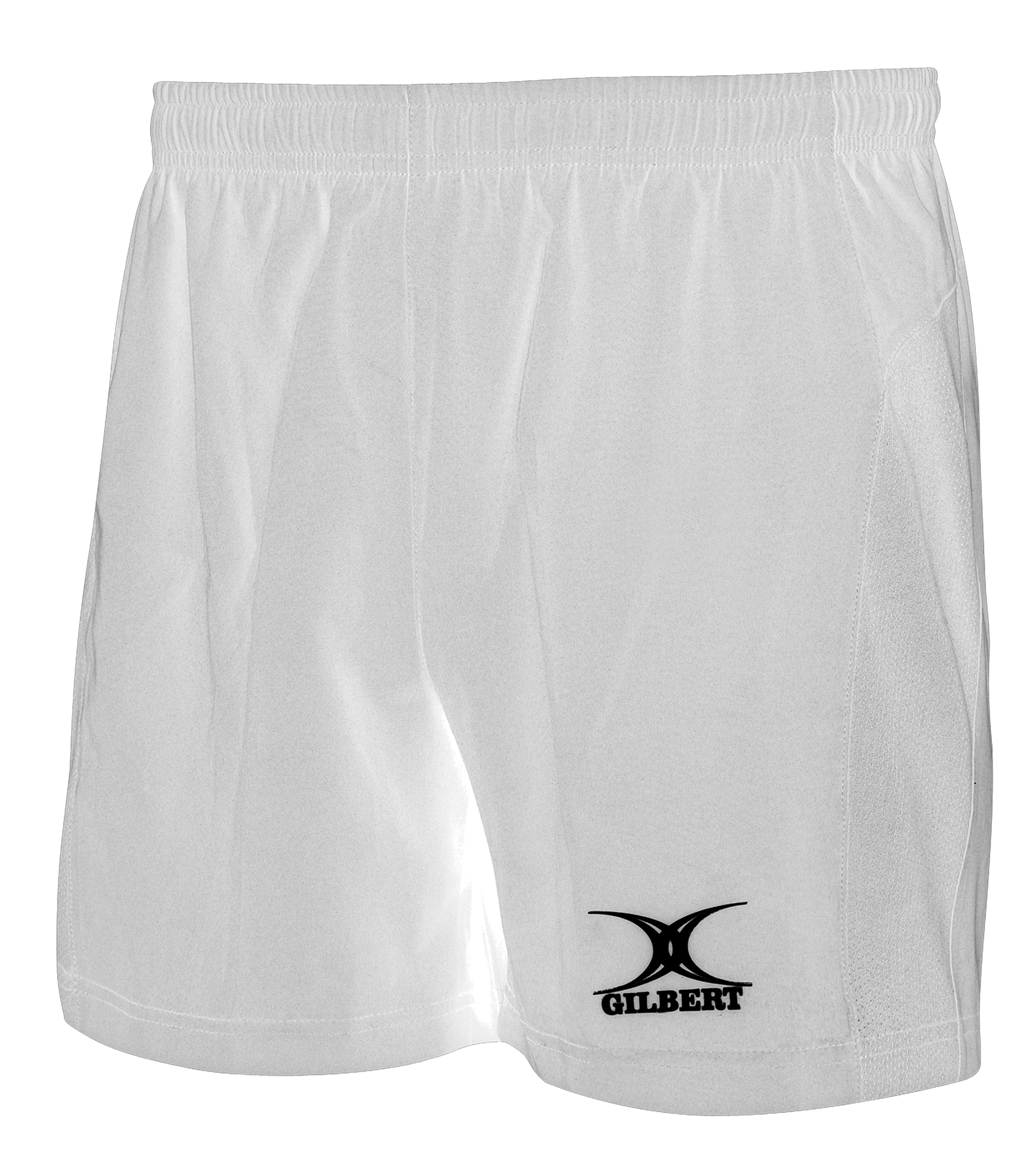 The Gilbert Virtuo Match Short by Gilbert is a white athletic rugby short with an elastic waistband, made from stretch ripstop fabric and featuring the black Gilbert logo on the lower left leg.