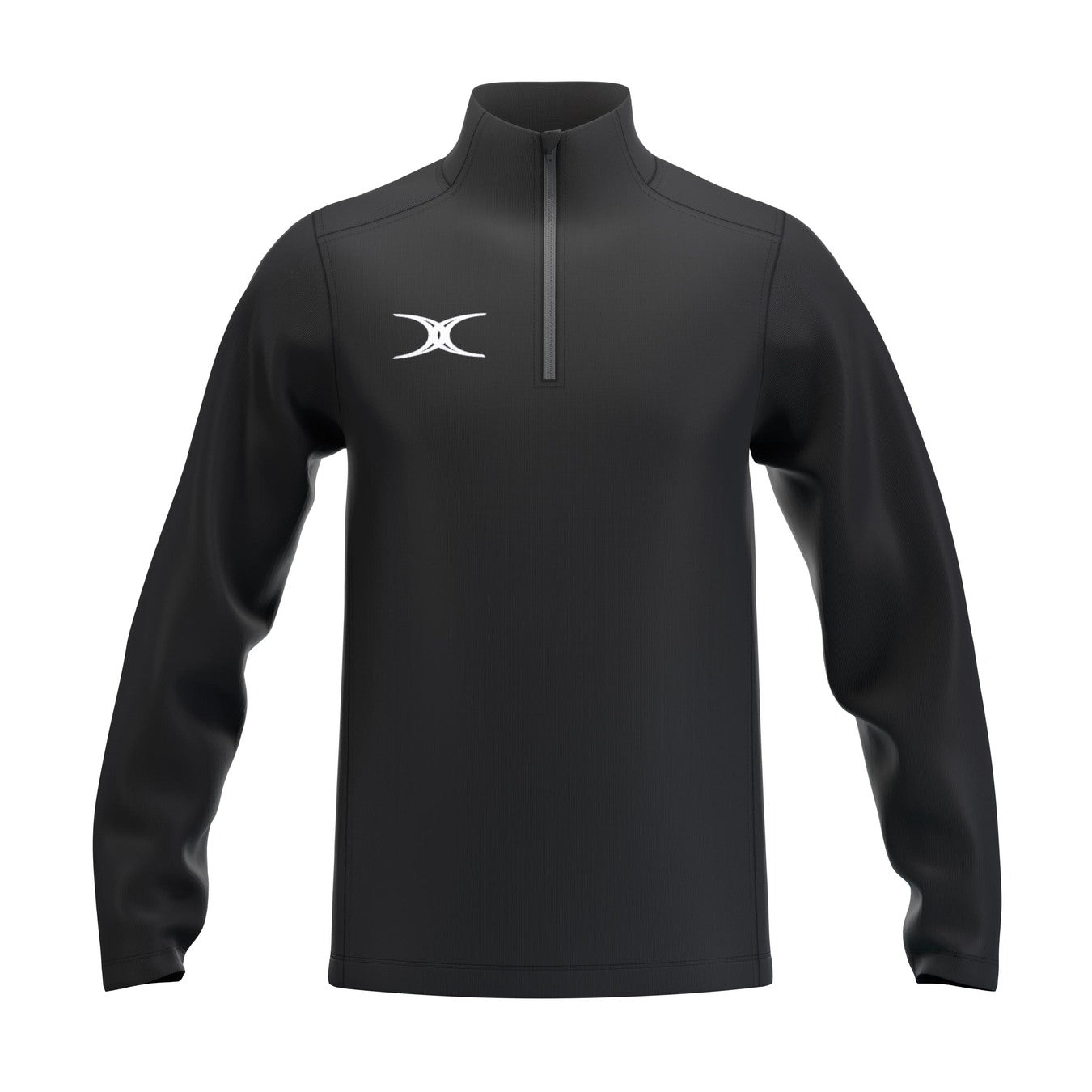 Gilbert Atom 1/4 Zip Fleece by Gilbert: black, long-sleeve pullover made from recycled polyester with a high collar and white abstract logo on the left chest, shown on a plain white background.