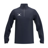 The Gilbert Atom 1/4 Zip Fleece by Gilbert is a dark navy blue pullover featuring quick dry fabric and a white logo on the left chest, shown against a plain white background.