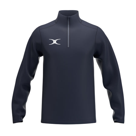 The Gilbert Atom 1/4 Zip Fleece by Gilbert is a dark navy blue pullover featuring quick dry fabric and a white logo on the left chest, shown against a plain white background.