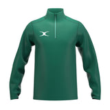 The Gilbert Atom 1/4 Zip Fleece by Gilbert is a green long-sleeve athletic pullover made from recycled polyester, featuring a quarter-zip neckline, quick-dry fabric, and a white logo on the left chest with a simple, pattern-free design.