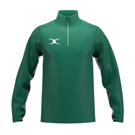 The Gilbert Atom 1/4 Zip Fleece by Gilbert is a green long-sleeve athletic pullover made from recycled polyester, featuring a quarter-zip neckline, quick-dry fabric, and a white logo on the left chest with a simple, pattern-free design.
