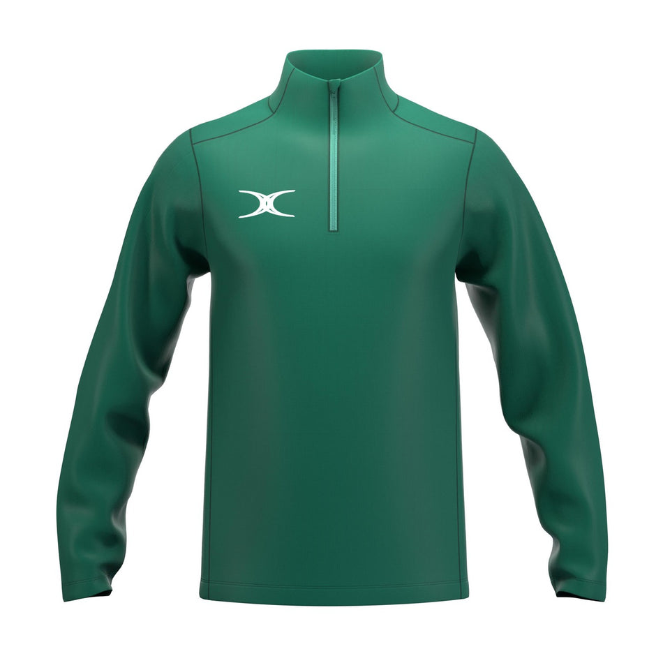 The Gilbert Atom 1/4 Zip Fleece by Gilbert is a green long-sleeve athletic pullover made from recycled polyester, featuring a quarter-zip neckline, quick-dry fabric, and a white logo on the left chest with a simple, pattern-free design.