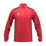 The Gilbert Atom 1/4 Zip Fleece by Gilbert is a red long-sleeve athletic pullover with black shoulders, a white left chest logo, and a quick-dry recycled polyester build for sporty comfort. Simple design with a 1/4 zip fleece collar.