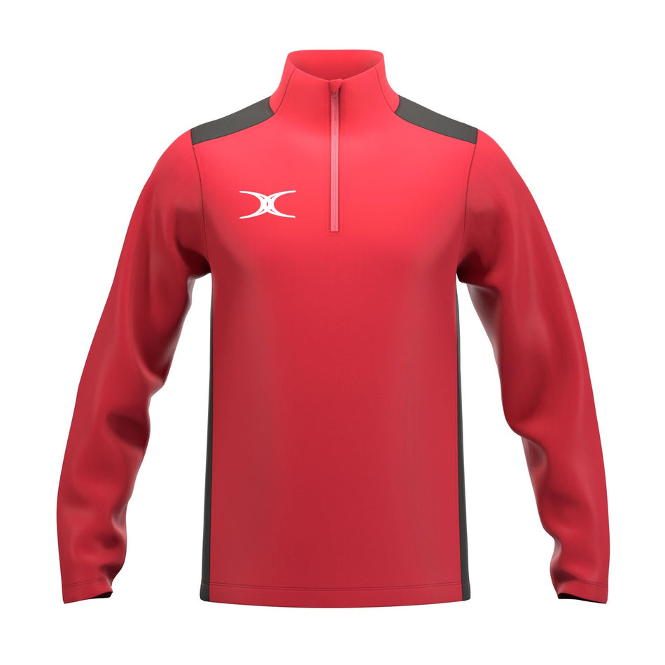 The Gilbert Atom 1/4 Zip Fleece by Gilbert is a red long-sleeve athletic pullover with black shoulders, a white left chest logo, and a quick-dry recycled polyester build for sporty comfort. Simple design with a 1/4 zip fleece collar.