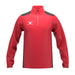The Gilbert Atom 1/4 Zip Fleece by Gilbert is a red long-sleeve athletic pullover with black shoulders, a white left chest logo, and a quick-dry recycled polyester build for sporty comfort. Simple design with a 1/4 zip fleece collar.