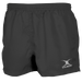 The Gilbert Saracen V3 Short – Junior is a plain black rugby short with an elastic waistband and a white Gilbert logo on the lower left leg, designed to be lightweight and durable for young athletes.