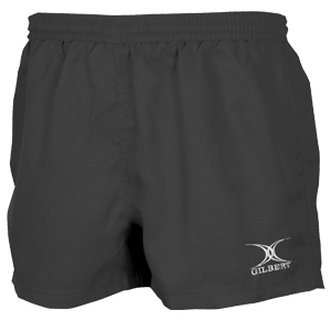 The Gilbert Saracen V3 Short – Women by Gilbert features a female-specific fit in black, an elastic waistband, and a small white Gilbert logo on the lower left leg. These rugby shorts are plain, with no visible pockets or patterns.