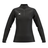 The Gilbert Atom 1/4 Zip Fleece - Womens is a black long-sleeve pullover made from recycled polyester fleece, featuring a quarter-zip front and white Gilbert logo on the left chest, shown on a white background.