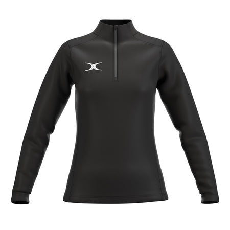 The Gilbert Atom 1/4 Zip Fleece - Womens is a black long-sleeve pullover made from recycled polyester fleece, featuring a quarter-zip front and white Gilbert logo on the left chest, shown on a white background.