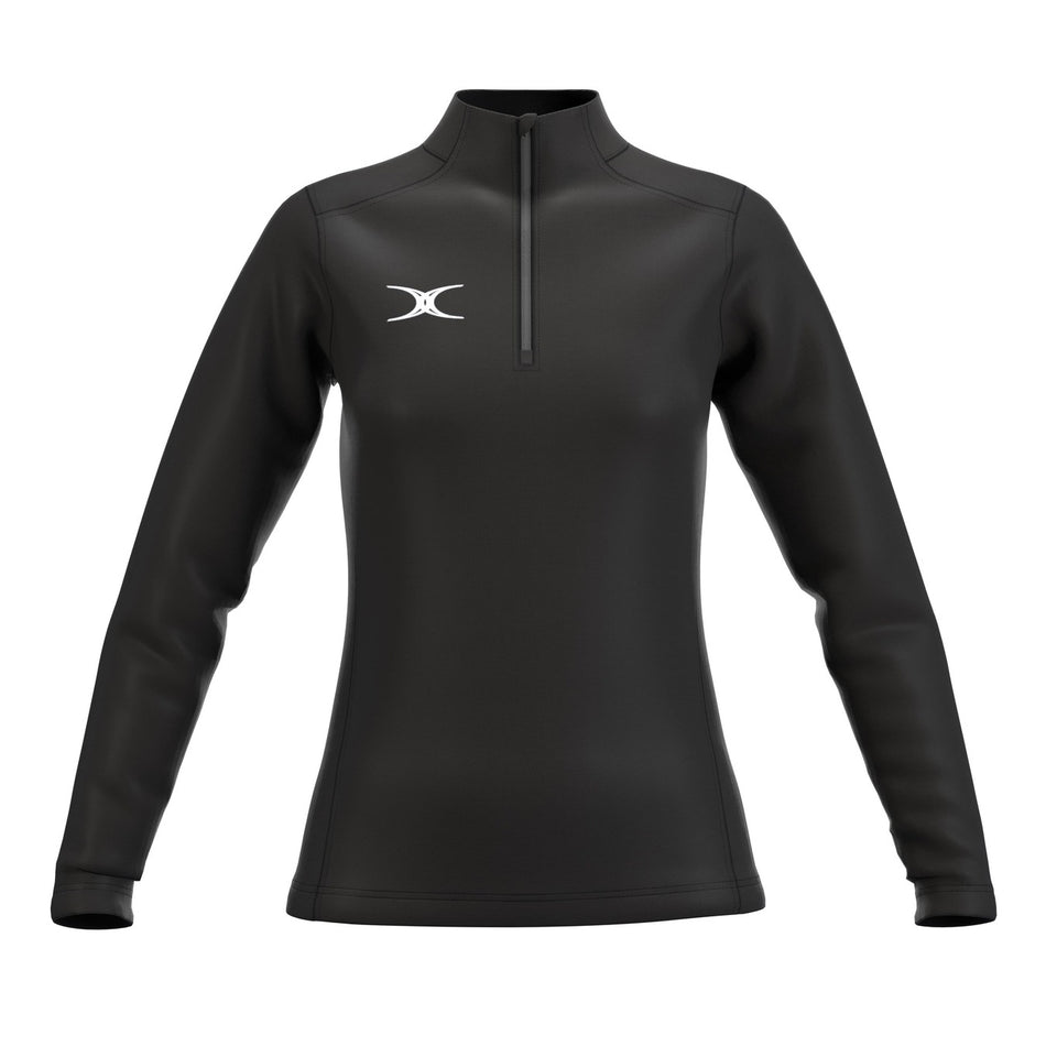The Gilbert Atom 1/4 Zip Fleece - Womens is a black long-sleeve pullover made from recycled polyester fleece, featuring a quarter-zip front and white Gilbert logo on the left chest, shown on a white background.