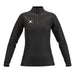 The Gilbert Atom 1/4 Zip Fleece - Womens is a black long-sleeve pullover made from recycled polyester fleece, featuring a quarter-zip front and white Gilbert logo on the left chest, shown on a white background.