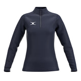 The Gilbert Atom 1/4 Zip Fleece for women by Gilbert is a navy blue long-sleeve pullover with quick-dry fabric, a quarter-zip, and a white logo on the left chest, shown on a plain white background.