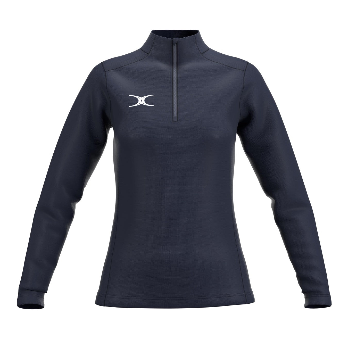 The Gilbert Atom 1/4 Zip Fleece for women by Gilbert is a navy blue long-sleeve pullover with quick-dry fabric, a quarter-zip, and a white logo on the left chest, shown on a plain white background.