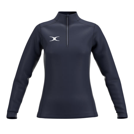 The Gilbert Atom 1/4 Zip Fleece for women by Gilbert is a navy blue long-sleeve pullover with quick-dry fabric, a quarter-zip, and a white logo on the left chest, shown on a plain white background.