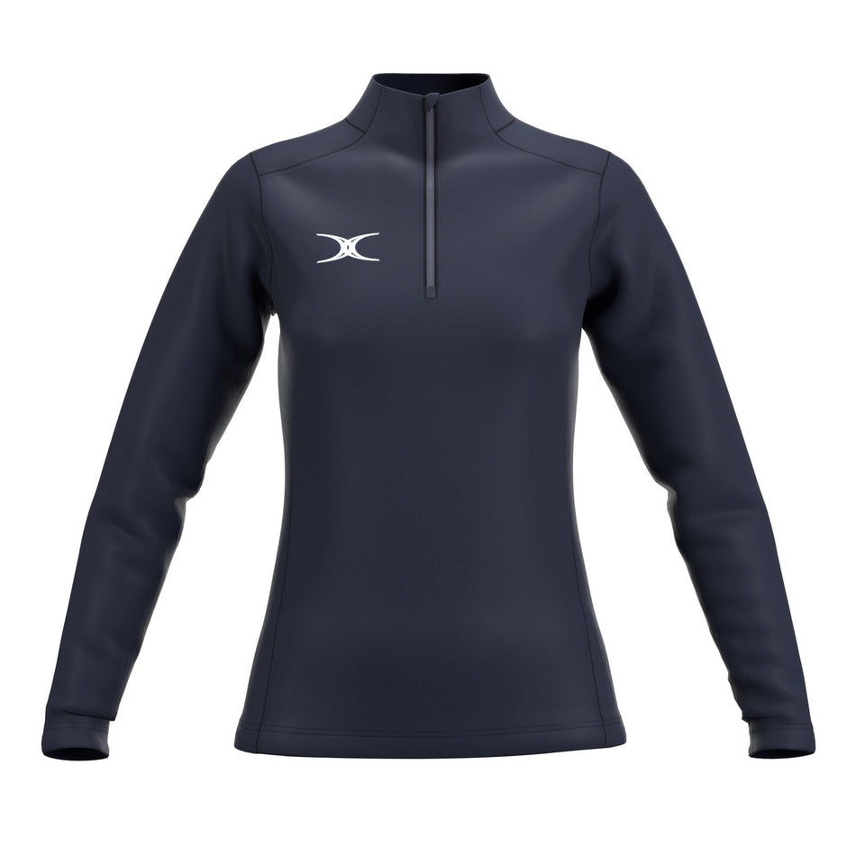 The Gilbert Atom 1/4 Zip Fleece for women by Gilbert is a navy blue long-sleeve pullover with quick-dry fabric, a quarter-zip, and a white logo on the left chest, shown on a plain white background.