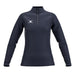 The Gilbert Atom 1/4 Zip Fleece for women by Gilbert is a navy blue long-sleeve pullover with quick-dry fabric, a quarter-zip, and a white logo on the left chest, shown on a plain white background.
