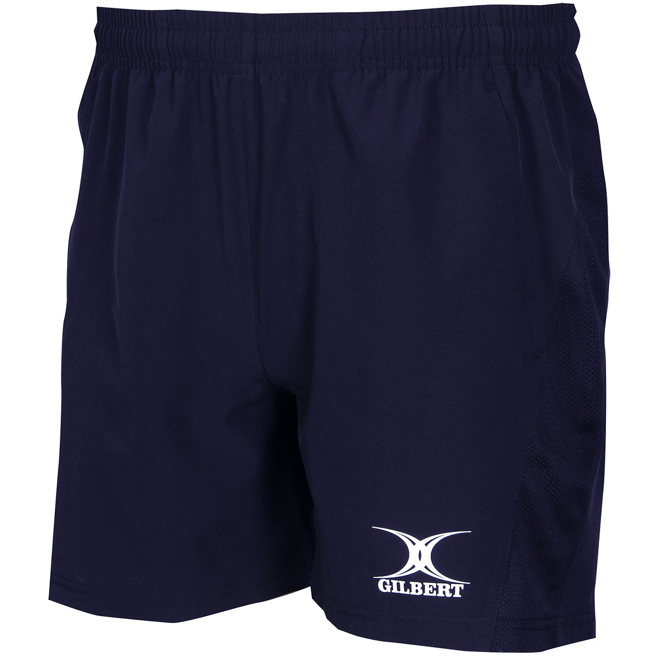 The Teign School Womens Leisure Shorts by Gilbert feature an elastic waistband and the white GILBERT logo—ideal as school logo shorts or for rugby clothing fans seeking comfortable navy blue athletic wear.