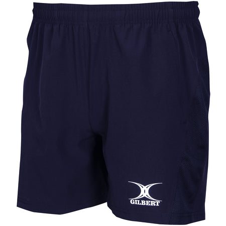 The Teign School Womens Leisure Shorts by Gilbert feature an elastic waistband and the white GILBERT logo—ideal as school logo shorts or for rugby clothing fans seeking comfortable navy blue athletic wear.