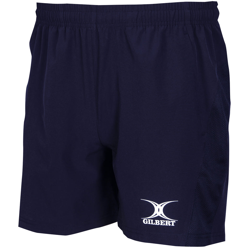 The Teign School Womens Leisure Shorts by Gilbert feature an elastic waistband and the white GILBERT logo—ideal as school logo shorts or for rugby clothing fans seeking comfortable navy blue athletic wear.