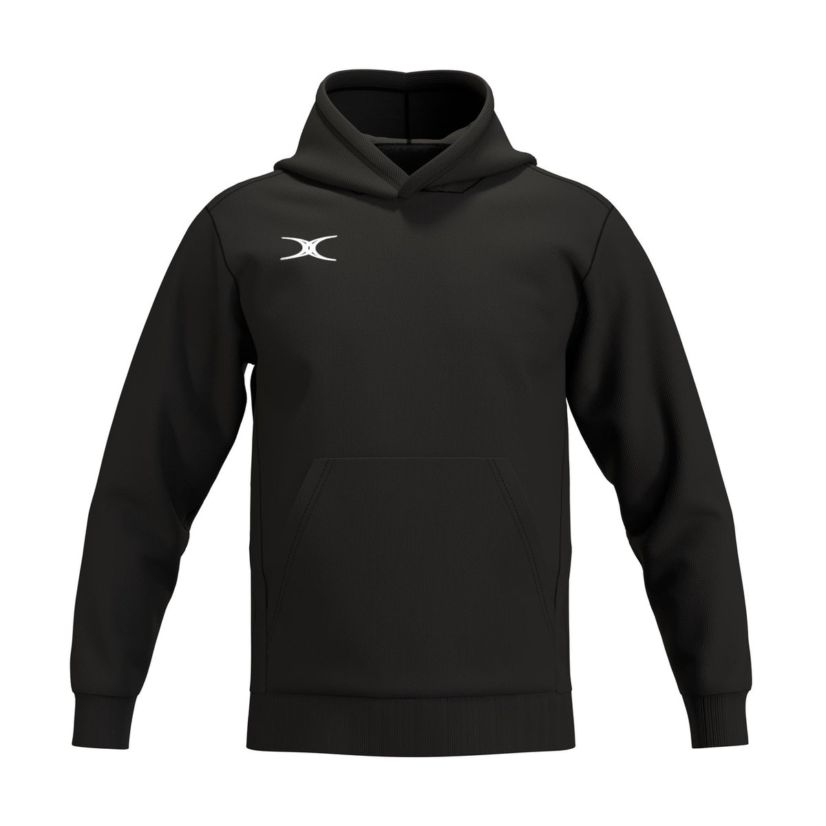 The Gilbert Atom Hoodie by Gilbert is a black cotton fleece hoodie with long sleeves, a front kangaroo pocket, and a small white logo on the upper left chest. This comfy training hoodie is shown on a plain white background.